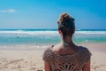 Beautiful surfer girl is enjoying vacation on the tropical beach. Young woman with surfboard in Sri Lanka. Royalty Free Stock Photo