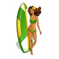A beautiful surfer girl in a green swimsuit is standing near the surfboard. Recreation and sports in the Hawaiian Islands.