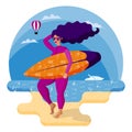 Beautiful surfer girl in pink wetsuit holding surfboard on the beach