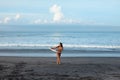 Beautiful Surfer Girl. Surfing Woman Walking Out Of Ocean. Tanned Brunette Carrying Surfboard On Sandy Beach. Royalty Free Stock Photo