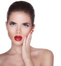 Beautiful surprised woman with red lips isolated on white background. Beauty Makeup. Manicured nails and Red Lips.