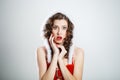 Beautiful surprised woman wearing santa claus clothes Royalty Free Stock Photo