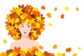 Beautiful surprised young woman with maple leaves on her head