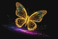 Beautiful surreal fantasy golden monarch butterfly with shining vivid neon lights, radiant sparks and pink aura around it,