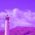 Beautiful surreal travel landscape lighthouse and volcanoes. Canary island. Velvet violet trends
