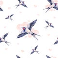 Beautiful swallow on a white background. Watercolor illustration. Spring bird brings love. Handwork. Seamless pattern Royalty Free Stock Photo