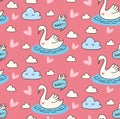 Beautiful swan in the lake doodle seamless pattern