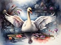 A beautiful swan in a watercolor style, mysterious, painting, wallart, colorful, animal creatures