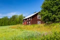 Beautiful swedish scandinavian rural summer view of an old traditional red rustic wooden timber house. Green field with trees and Royalty Free Stock Photo