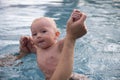 Beautiful, sweet baby boy swimming in the swimming pool holding fathers hands. Royalty Free Stock Photo