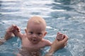 Beautiful, sweet baby boy swimming in the swimming pool holding fathers hands. Royalty Free Stock Photo