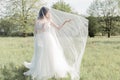 Beautiful sweet girl bride in a gentle air wedding dresses veil in a blooming spring garden in the rays of the sunlight at sunset. Royalty Free Stock Photo