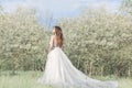 Beautiful sweet girl bride in a tender air wedding dress in a blooming spring garden in the rays of sunlight at sunset. Fine art Royalty Free Stock Photo