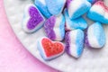 Beautiful sweet hearts, blue, red and white colorful marmalade candies