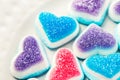 Beautiful sweet hearts, blue, red and white colorful marmalade candies