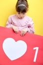 beautiful sweet kid girl holding big red sign like, posing, little blogger