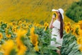 Beautiful sweet young woman in a white dress and hat in a field of sunflowers. girl is holding sunflower in her hand. summer Royalty Free Stock Photo