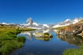 Beautiful Swiss Alps landscape with Stellisee lake and Matterhorn mountain reflection in water, summer mountains view, Zermatt Royalty Free Stock Photo