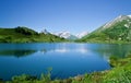 Landscape of Lake Trubsee and mountains in Alps.