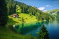 beautiful swiss landscape with house, lake, mountains and pine trees, AI generative