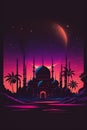 Beautiful synthwave scenery, mosque, ramadan, eid, islamic architecture, purple blue red orange, bright neon colors on a black