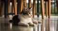 A domestic tabby cat with striking green eyes rests calmly on a polished floor looking attentively to the side Royalty Free Stock Photo