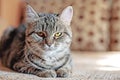 Beautiful tabby looks at camera, close-up. Compassionate look