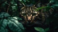 A beautiful tabby wild cat with green eyes sneaks among green plants, generative AI.