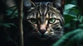 A beautiful tabby wild cat with green eyes sneaks among green plants, generative AI.