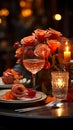 A beautiful table arrangement featuring wine glasses, candles, and a radiant rose
