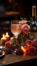 A beautiful table arrangement featuring wine glasses, candles, and a radiant rose