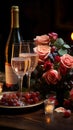 A beautiful table arrangement featuring wine glasses, candles, and a radiant rose