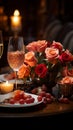 A beautiful table arrangement featuring wine glasses, candles, and a radiant rose