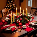 A beautiful table with burning candles and Christmas decorations