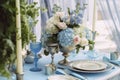 Beautiful table and centerpieces of a wedding, elegantly decorated with flowers. Ai generated Royalty Free Stock Photo