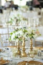 Beautiful table decorations for dinner at a wedding reception Royalty Free Stock Photo