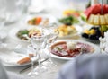 Beautiful table set with three glasses for a party, wedding reception or festive event Royalty Free Stock Photo