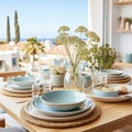A beautiful table setting in blue and beige for an al-fresco meal.