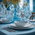 Beautiful table setting in blue color tone. Selective focus. AI generated