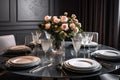 Beautiful table setting with flowers in modern dining room. Luxury interior. A luxurious dining table set adorned with gleaming Royalty Free Stock Photo