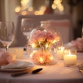 Beautiful table setting with glasses of wine, candles and rose against blurred lights. Romantic dinner for Valentine Royalty Free Stock Photo