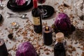 Beautiful table setting with lavender flowers on wooden background Royalty Free Stock Photo