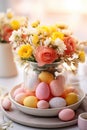 table setting with spring flowers and colorful eggs. ai generated Royalty Free Stock Photo