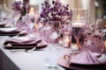 Beautiful table setting for wedding or another catered event dinner. Beautiful decorated table at restaurant. Light background, AI