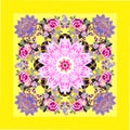 Beautiful tablecloth, napkin, bandana or carpet with mandala, paisley, luxury bunches of garden flowers on lemon yellow background