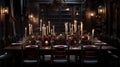 A beautiful tables and chair with candle lights in the room for Thanksgiving dinner. Private dining Royalty Free Stock Photo