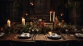 A beautiful tables and chair with candle lights in the room for Thanksgiving dinner. Private dining Royalty Free Stock Photo