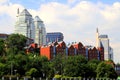 Beautiful tall white towers, skyscrapers, red buildings, against sky in summer and spring. Best view of Dnipro city street,