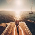 Beautiful tanned female legs on a wooden deck chair against the backdrop of a beautiful seascape and a yacht,
