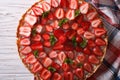 Beautiful tart with fresh strawberries close-up. horizontal top